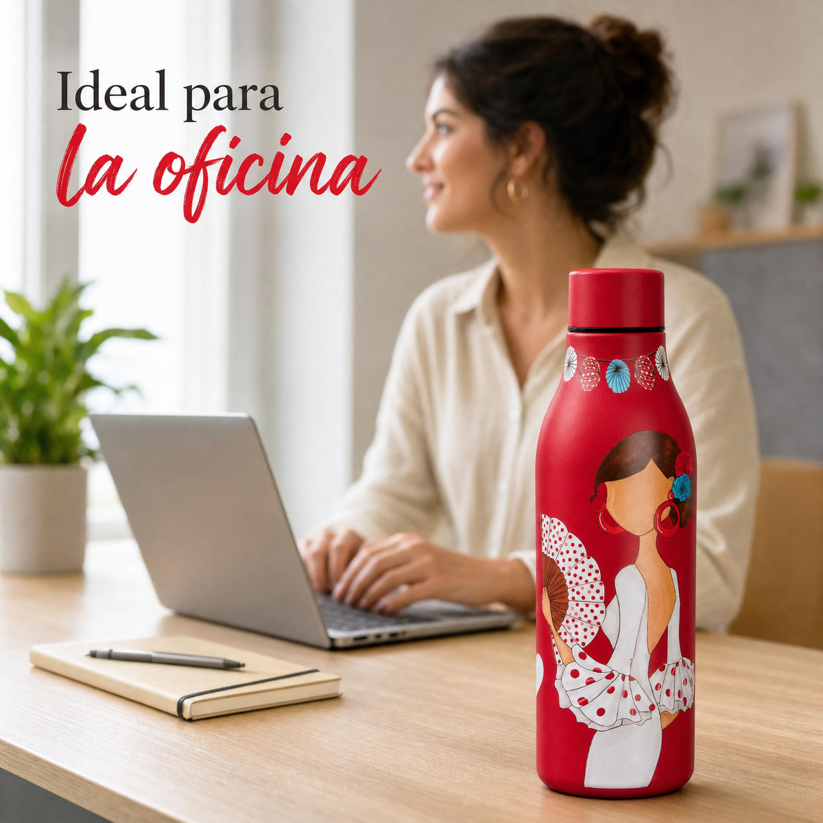 Botella térmica flamenca illustrArte 500 ml – diseño Pepa Feliz – en la oficina