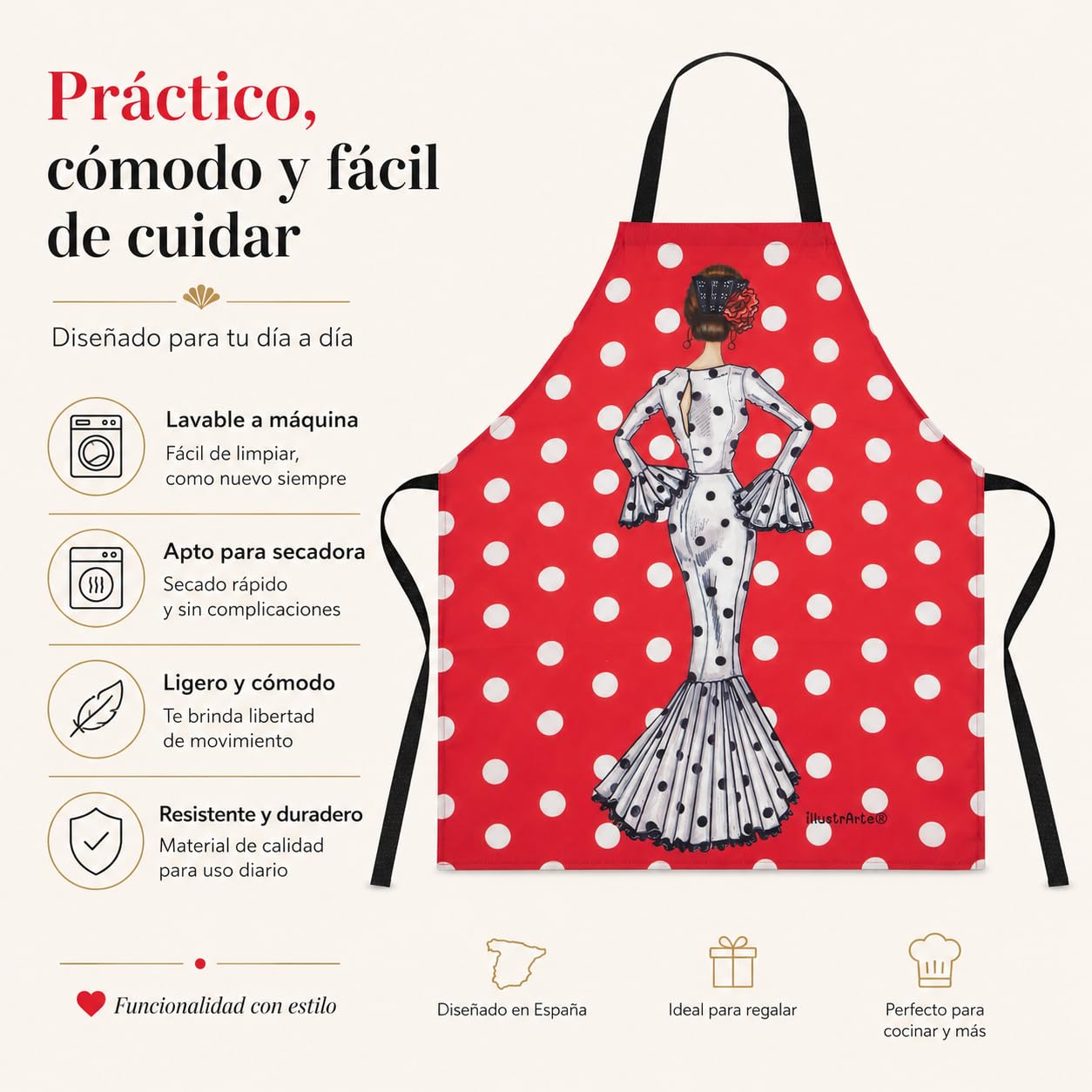 Delantal flamenca illustrArte – María Blanco, fondo rojo – vista 4
