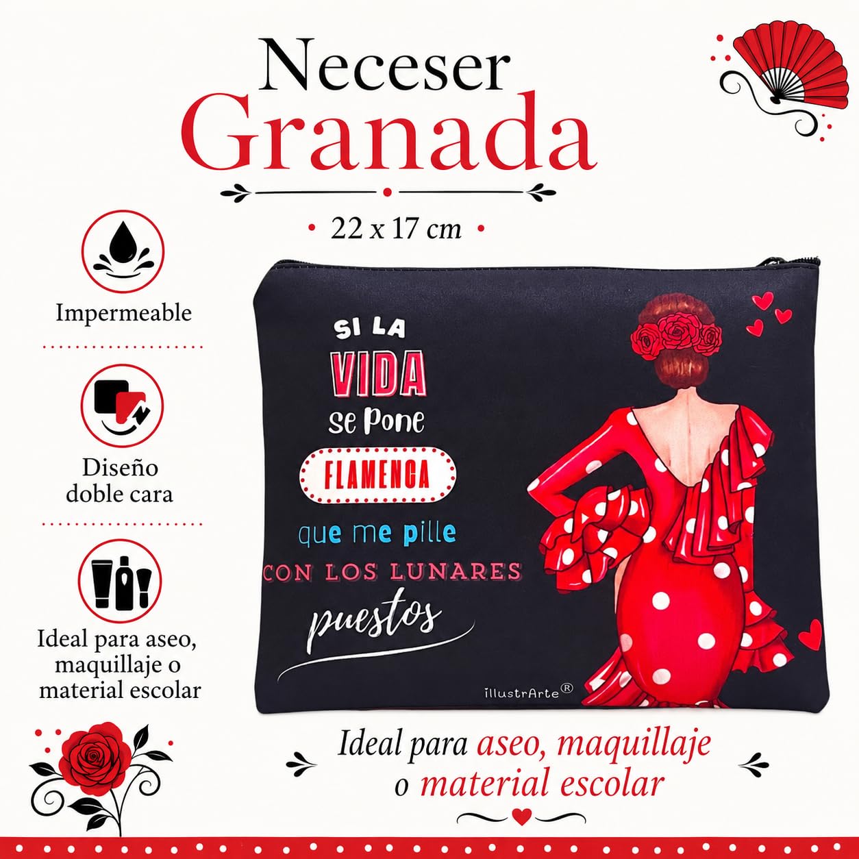 Neceser Granada illustrArte – Macarena, fondo negro con frase – vista 2 – imagen Amazon