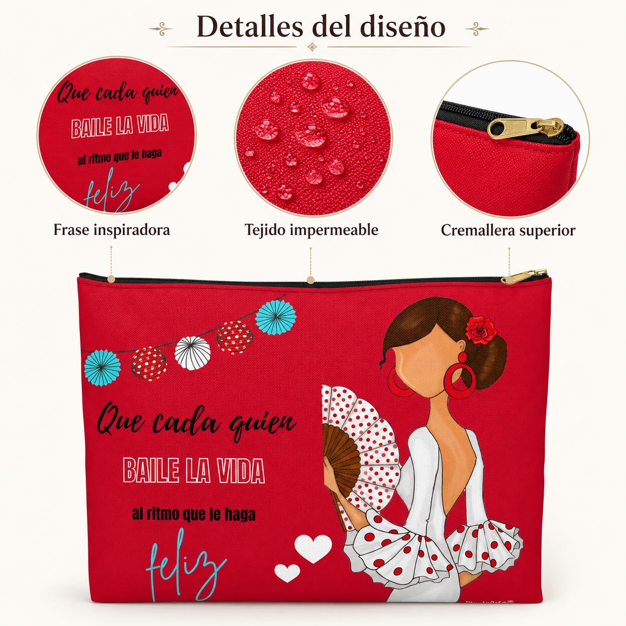 Neceser Granada illustrArte – Pepa Feliz, fondo rojo con frase – vista 4 – imagen Amazon