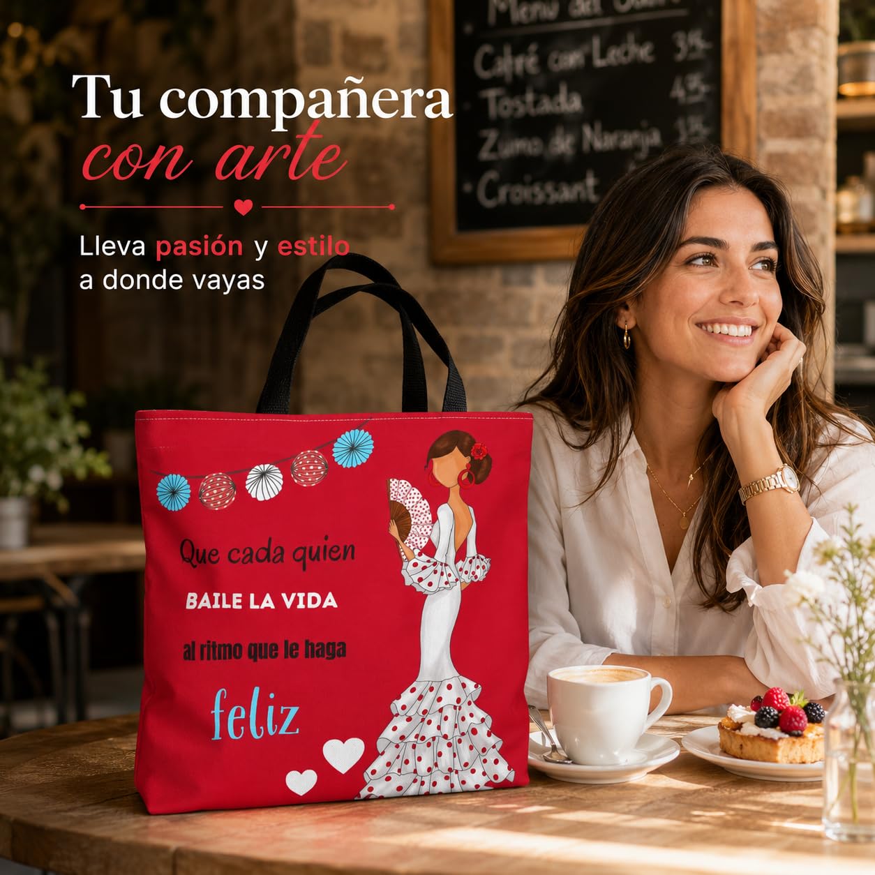 Bolsa tote Málaga flamenca Pepa Feliz rojo con frase 2