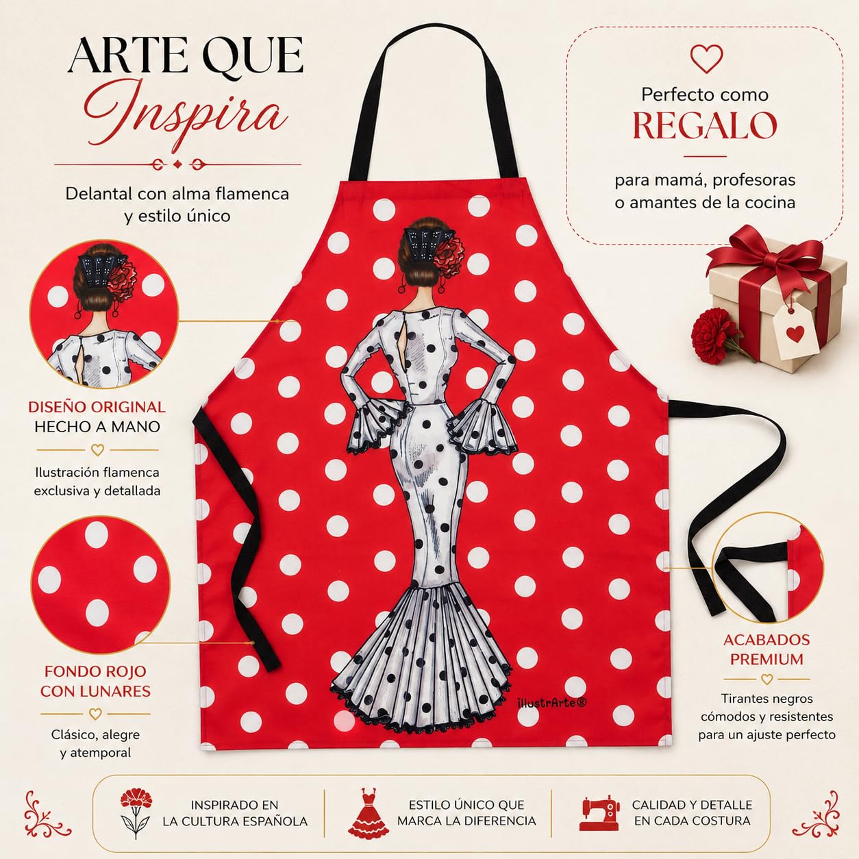 Delantal flamenca illustrArte – María Blanco, fondo rojo – vista 6