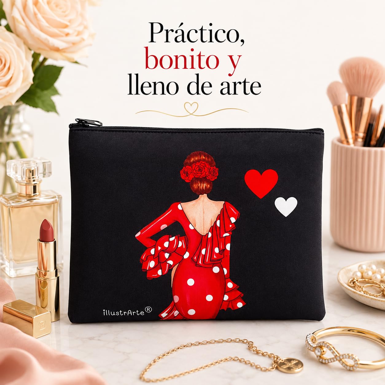 Neceser Granada illustrArte – Macarena, fondo negro con corazones – vista 6 – imagen Amazon