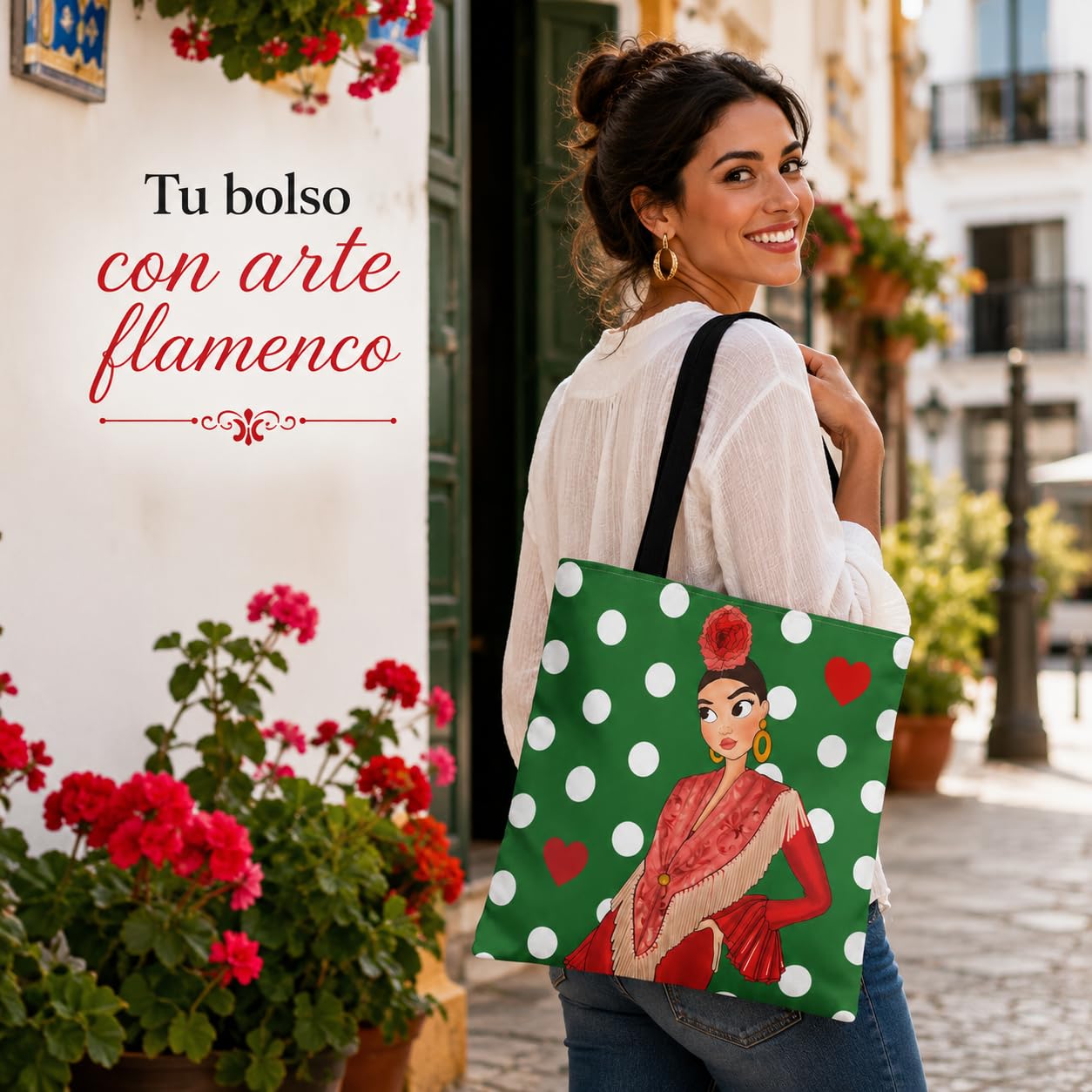 Bolsa tote Málaga flamenca Lucía verde con lunares 4