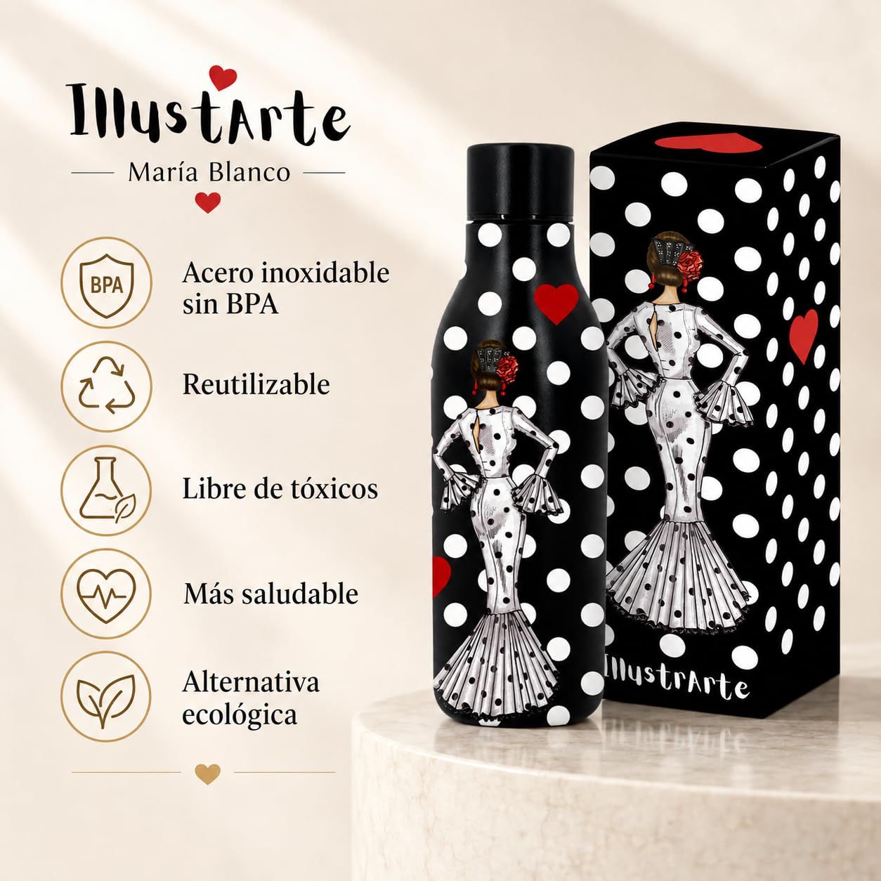 Botella térmica flamenca illustrArte 500 ml – diseño María Blanco, fondo negro – vista 4
