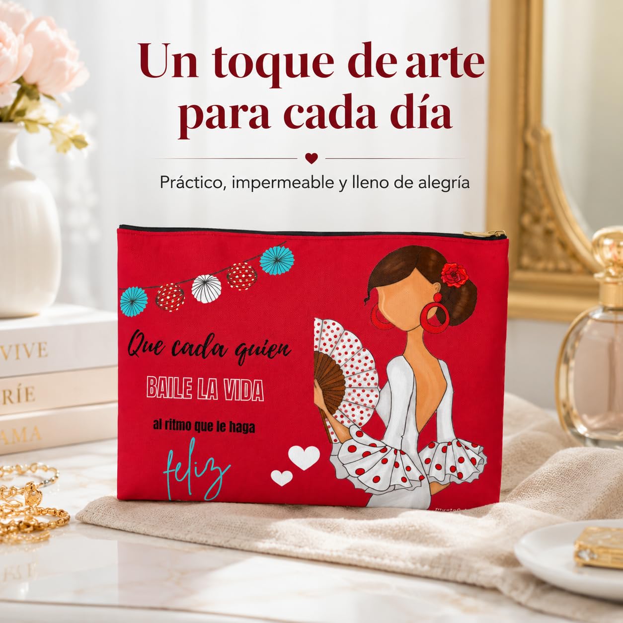 Neceser Granada illustrArte – Pepa Feliz, fondo rojo con frase – vista 6 – imagen Amazon