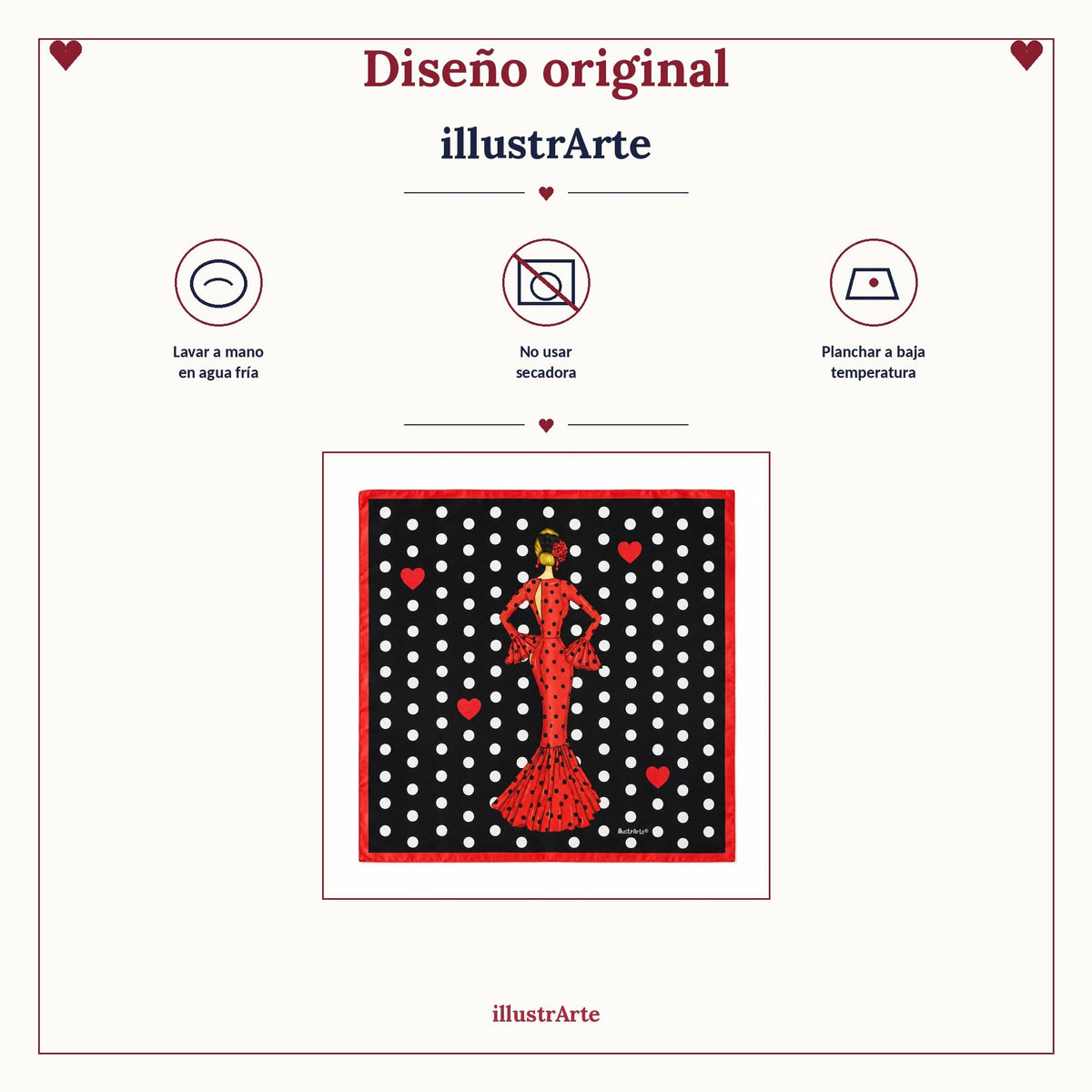 Pañuelo de seda flamenca illustrArte 66 x 66 cm – diseño María Rojo, fondo negro – vista 8