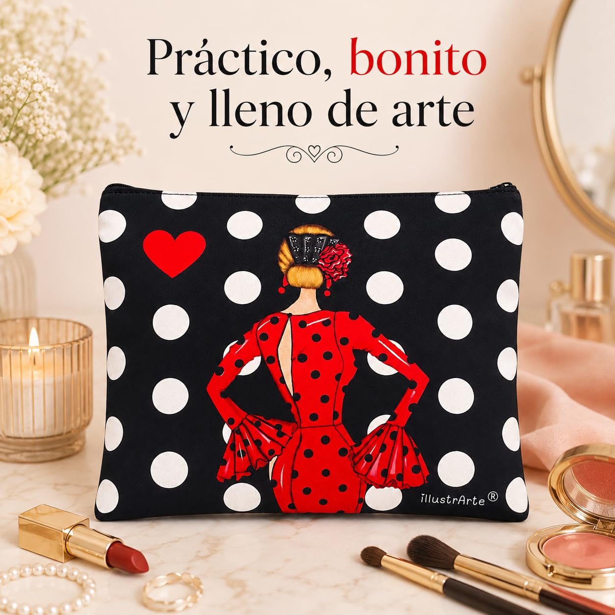 Neceser Granada illustrArte – María Rojo, fondo negro con lunares – vista 6 – imagen Amazon