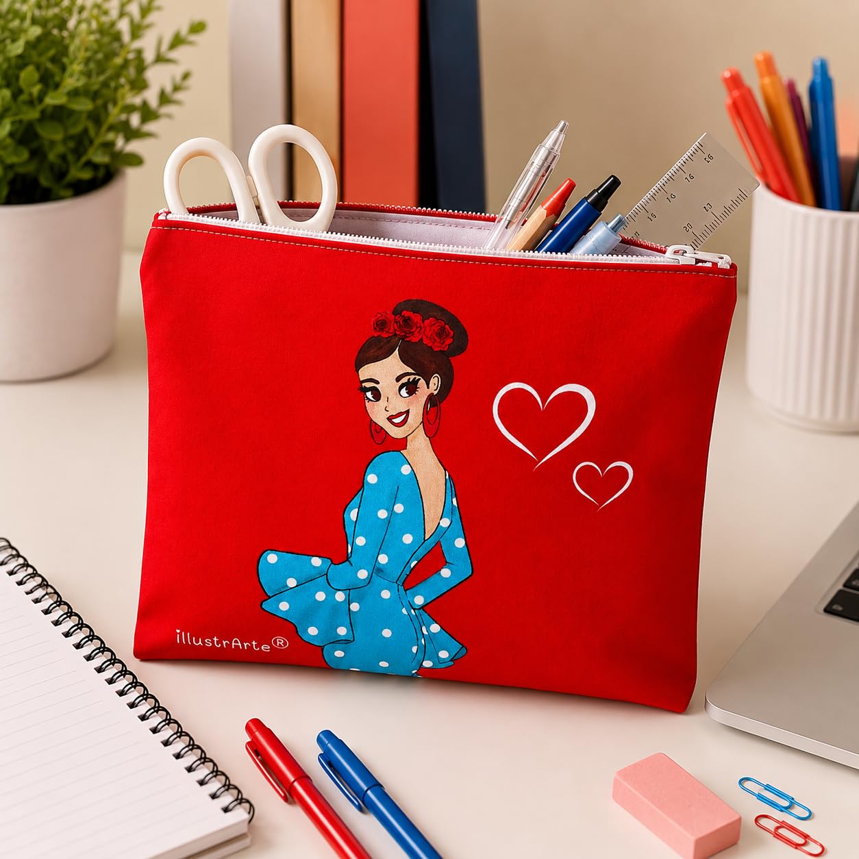 Neceser Granada illustrArte – Paquita, fondo rojo con corazones – vista 5 – imagen Amazon