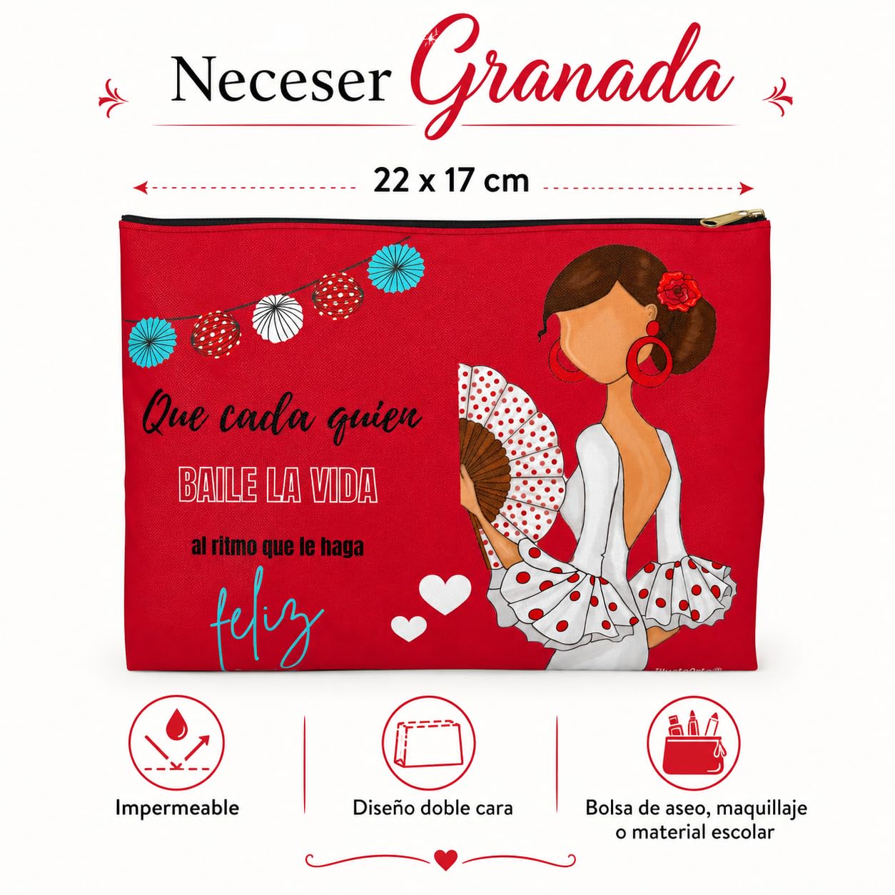 Neceser Granada illustrArte – Pepa Feliz, fondo rojo con frase – vista 2 – imagen Amazon