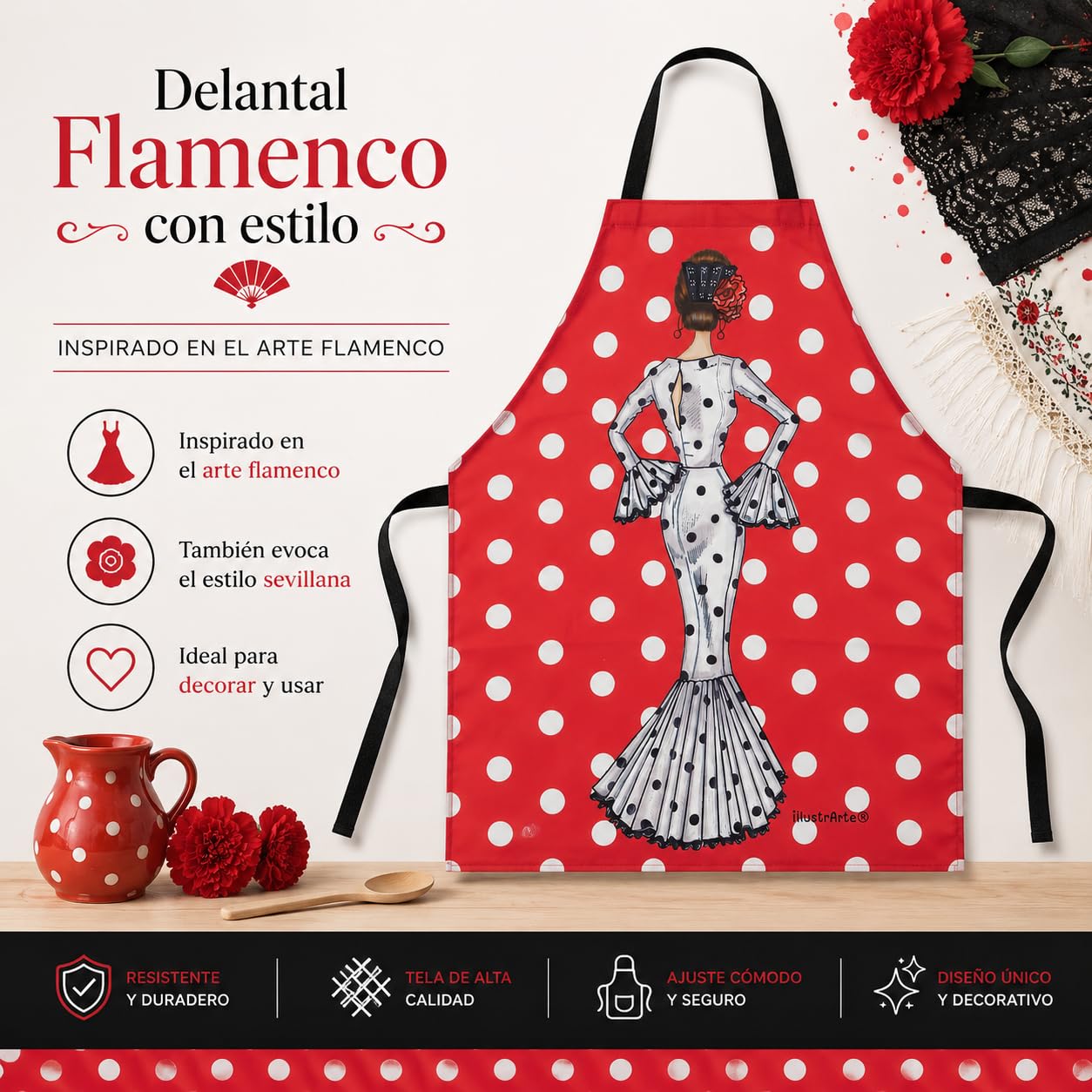 Delantal flamenca illustrArte – María Blanco, fondo rojo – vista 8