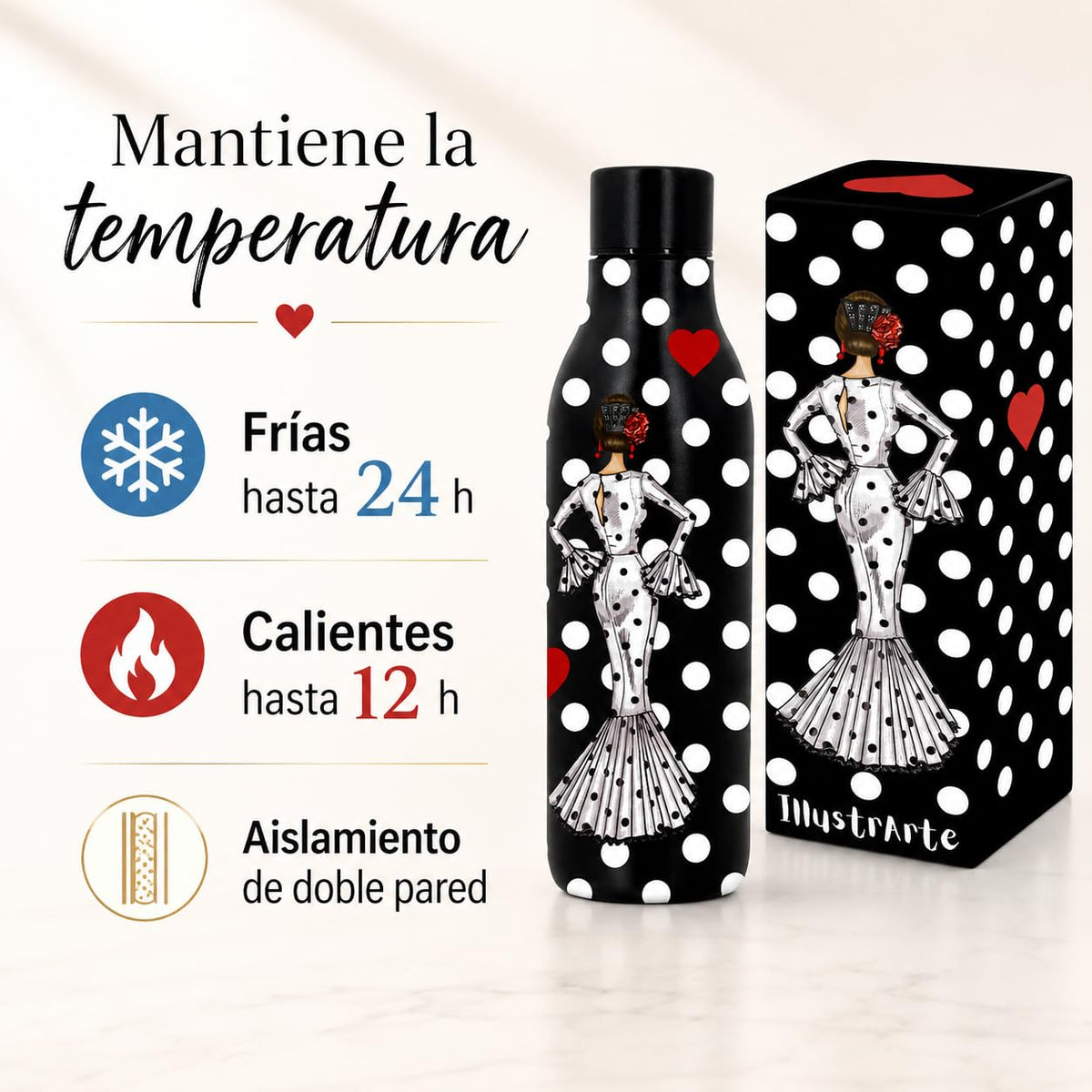Botella térmica flamenca illustrArte 500 ml – diseño María Blanco, fondo negro – vista 3