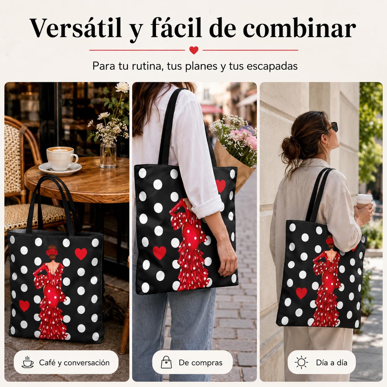 Bolsa tote Málaga flamenca Macarena negro con lunares 5