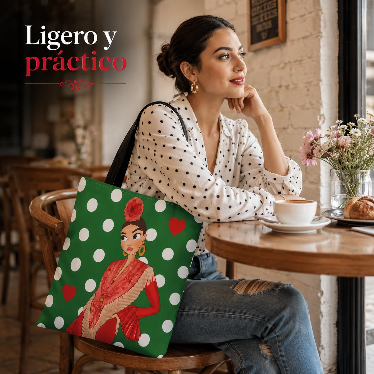 Bolsa tote Málaga flamenca Lucía verde con lunares 7