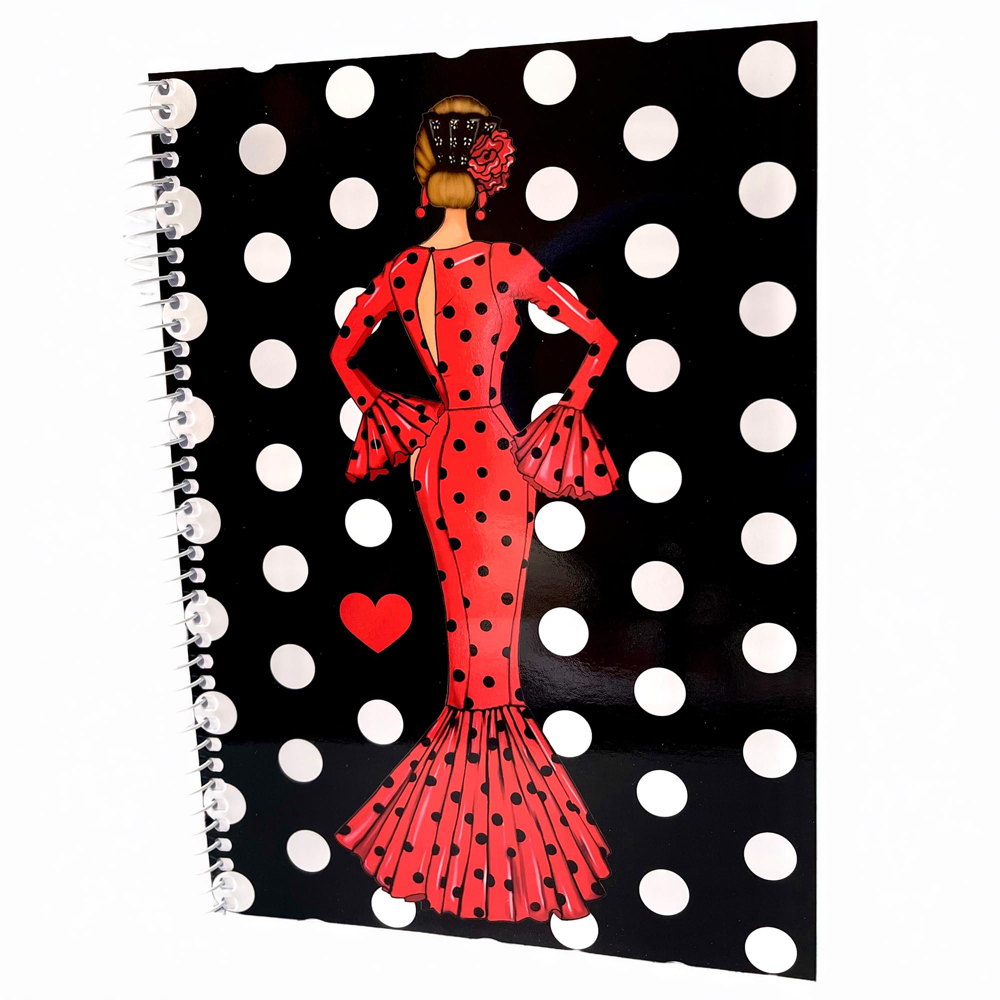Libreta flamenca illustrArte 17 x 24 cm – diseño María Rojo, tapa negra con lunares blancos