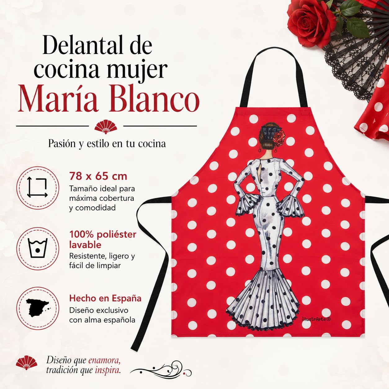 Delantal flamenca illustrArte – María Blanco, fondo rojo – vista 3