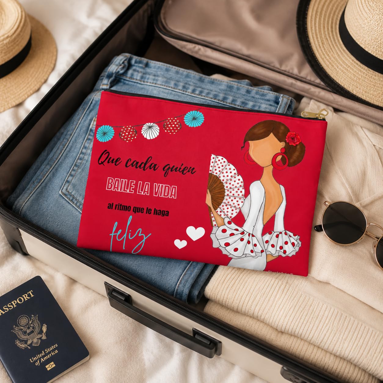 Neceser Granada illustrArte – Pepa Feliz, fondo rojo con frase – vista 5 – imagen Amazon