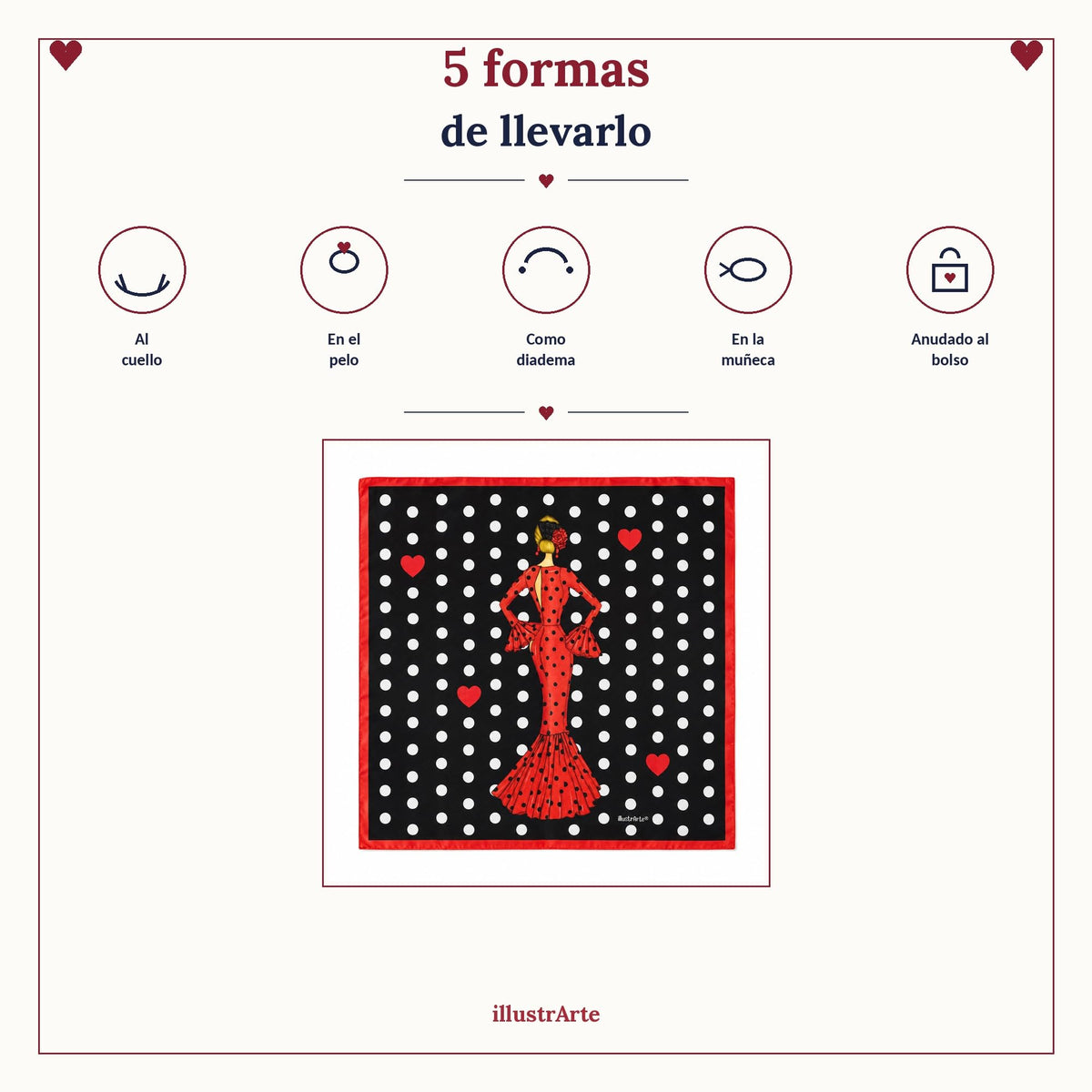 Pañuelo de seda flamenca illustrArte 66 x 66 cm – diseño María Rojo, fondo negro – vista 7