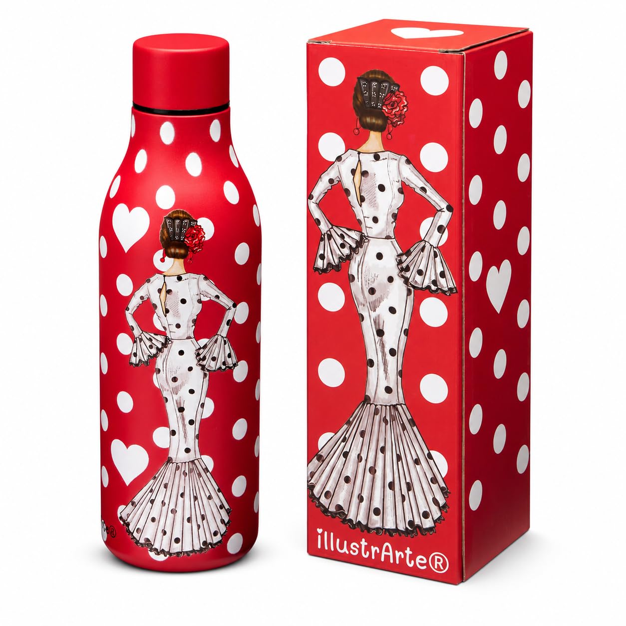 Botella térmica flamenca illustrArte 500 ml – diseño María Blanco, fondo rojo – MAIN
