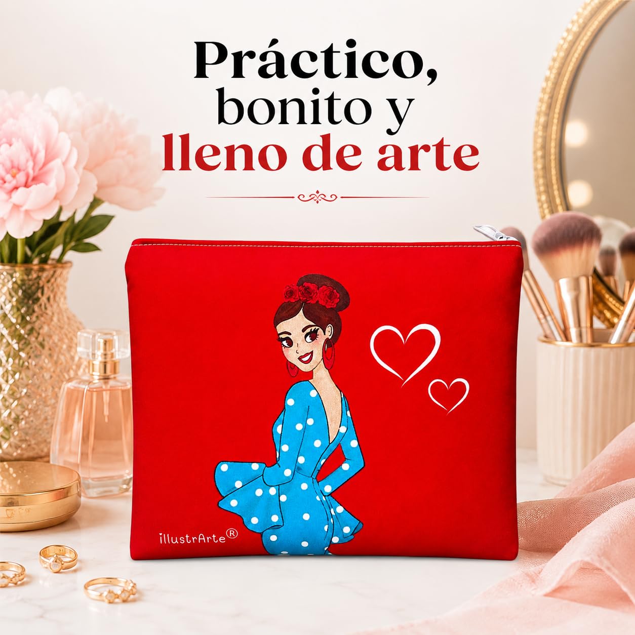 Neceser Granada illustrArte – Paquita, fondo rojo con corazones – vista 6 – imagen Amazon
