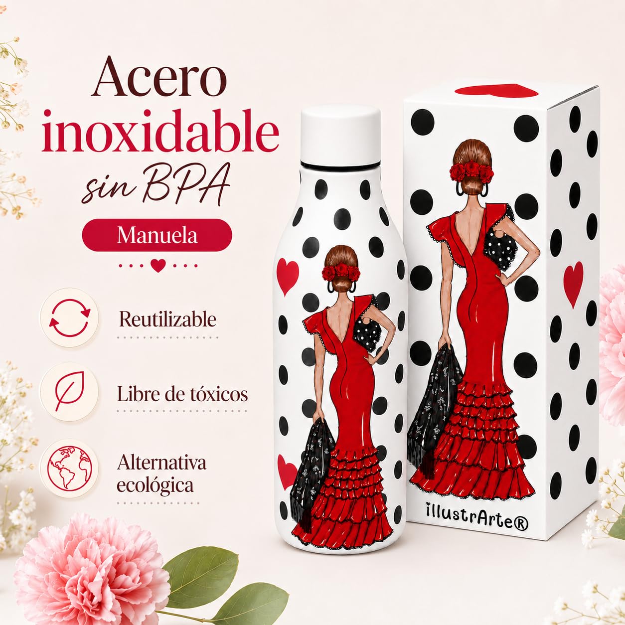 Botella térmica illustrArte 500 ml – diseño Manuela, flamenca de lunares – vista 2