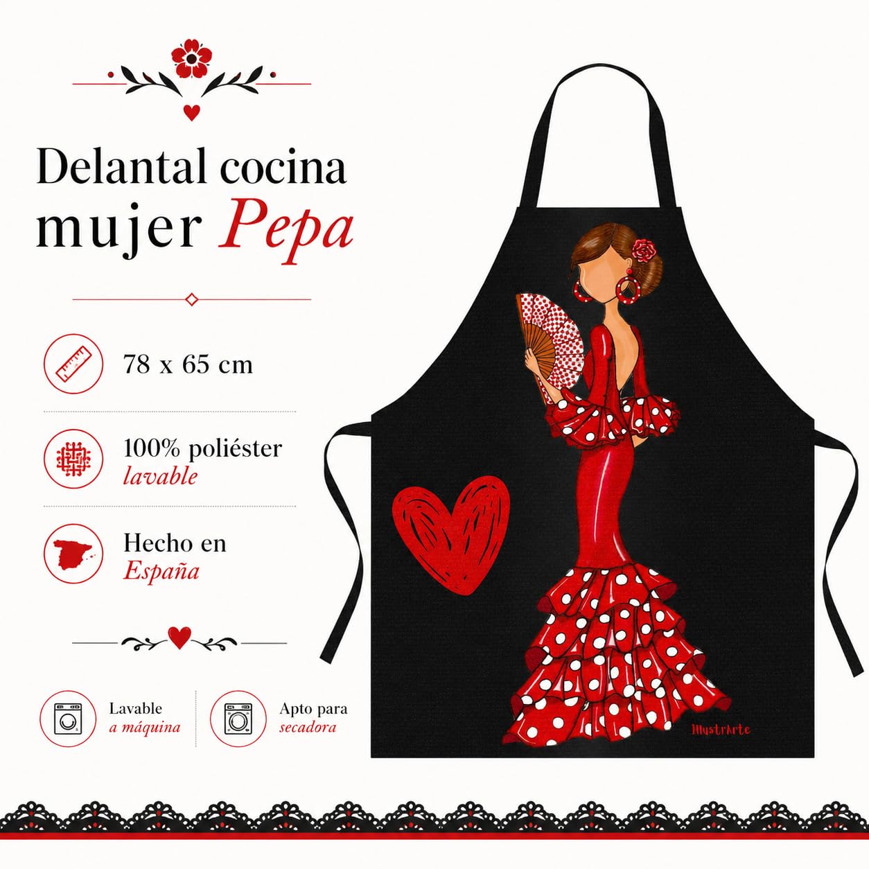 Delantal flamenca illustrArte – Pepa, fondo negro – vista 3