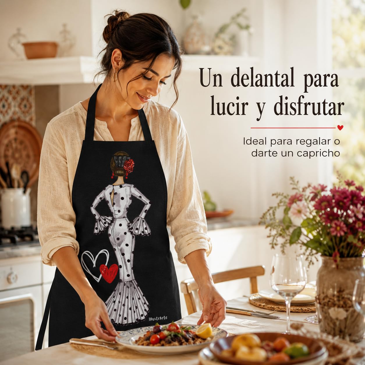 Delantal flamenca illustrArte – María Blanco, fondo negro – vista 6