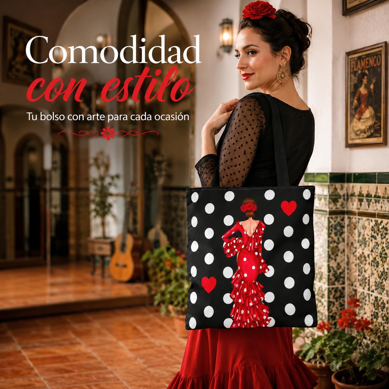 Bolsa tote Málaga flamenca Macarena negro con lunares 7