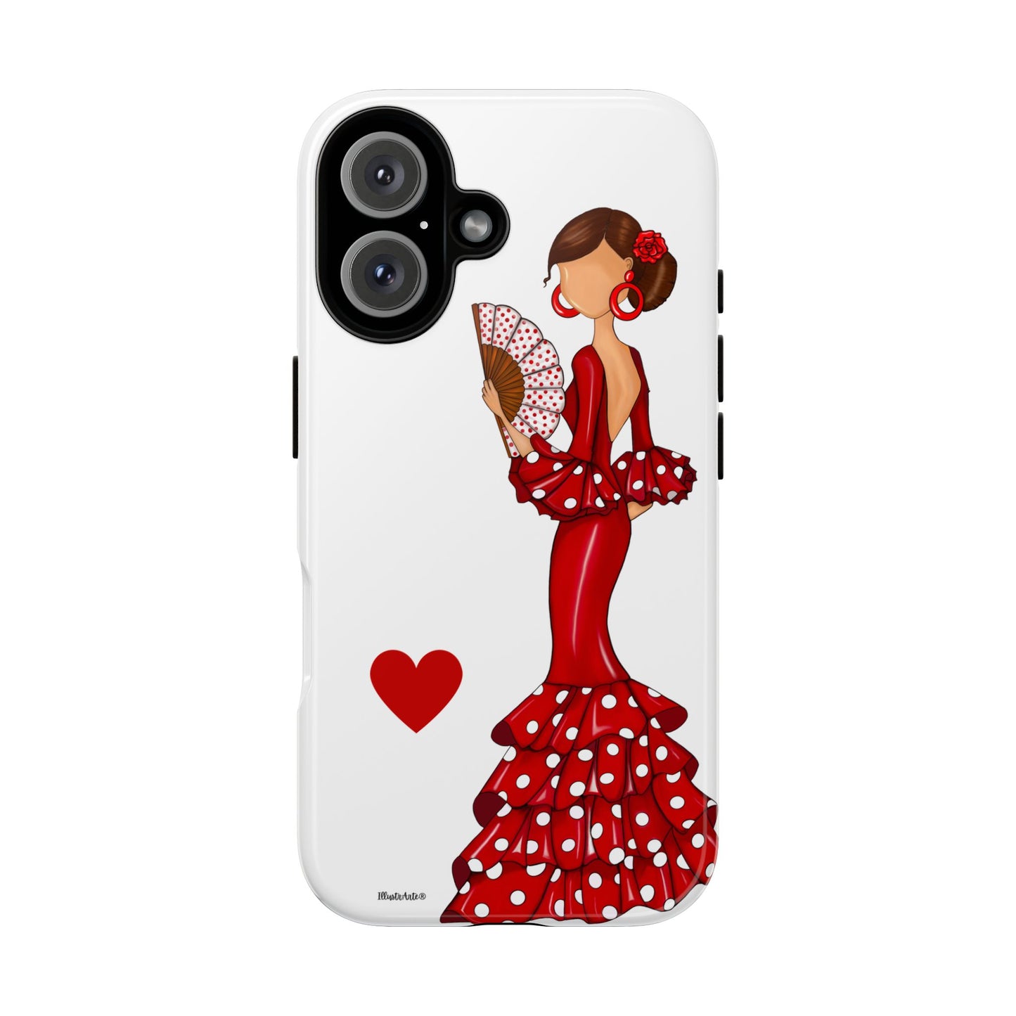 una funda de teléfono con una mujer en un vestido rojo