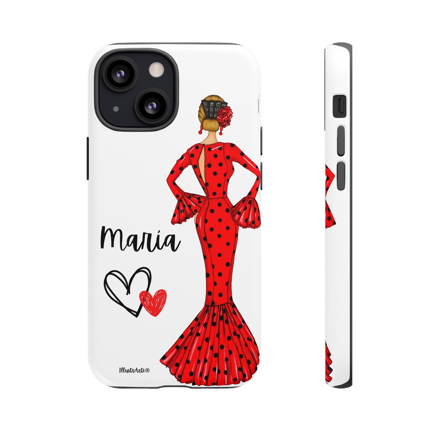 una funda de teléfono con una mujer en un vestido rojo