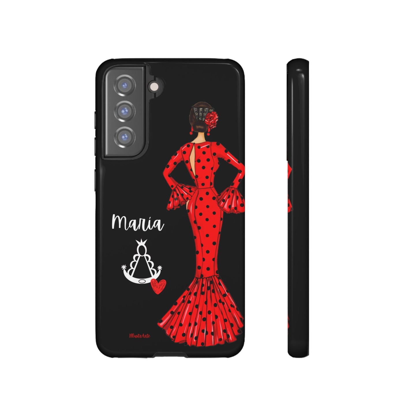 una funda de teléfono con una mujer en un vestido rojo