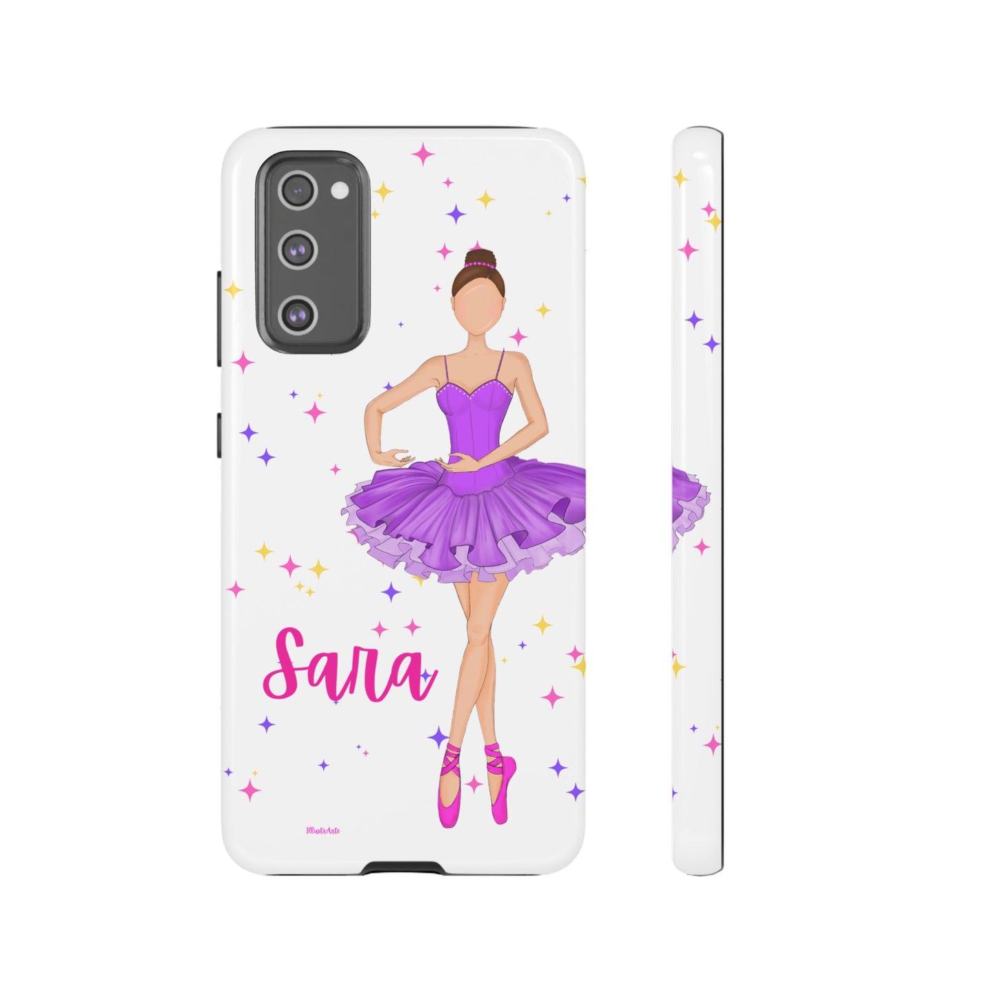 una funda de teléfono con una bailarina púrpura en ella