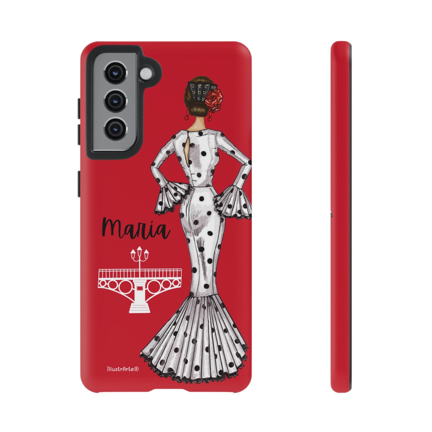 Funda de teléfono con diseño de flamenca María y espacio para nombre, perfecta para personalizar tu dispositivo.