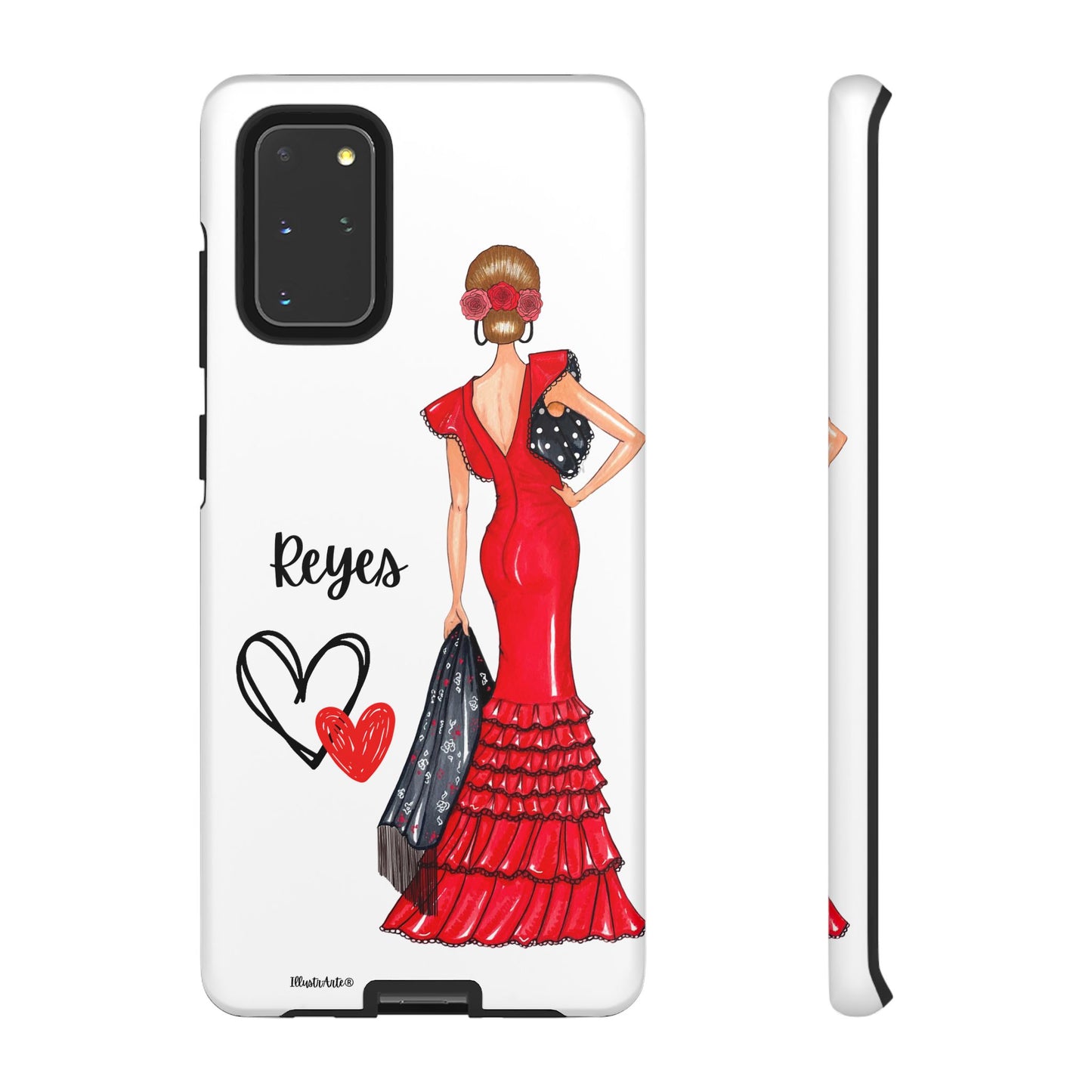 una funda de teléfono con una mujer en un vestido rojo