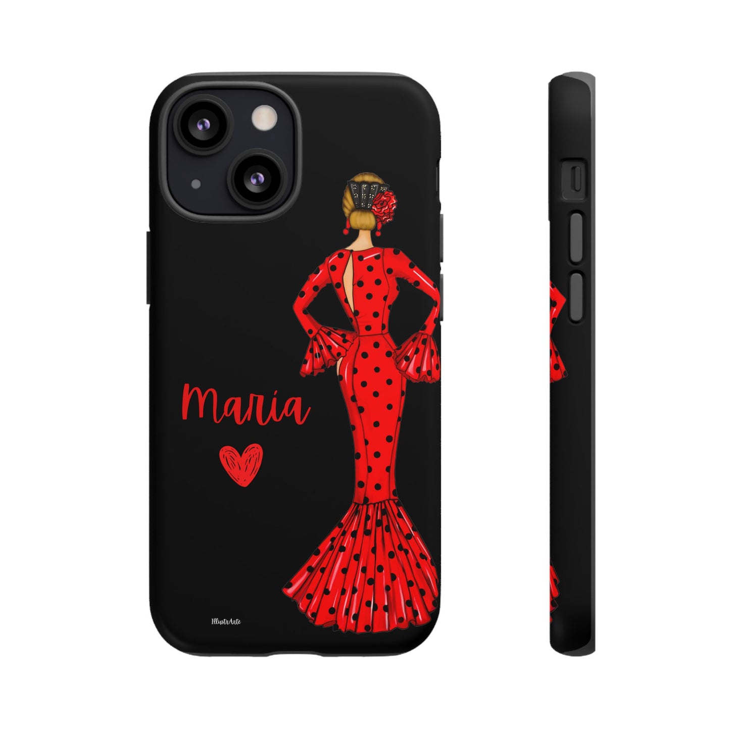 una funda de teléfono con una mujer en un vestido rojo