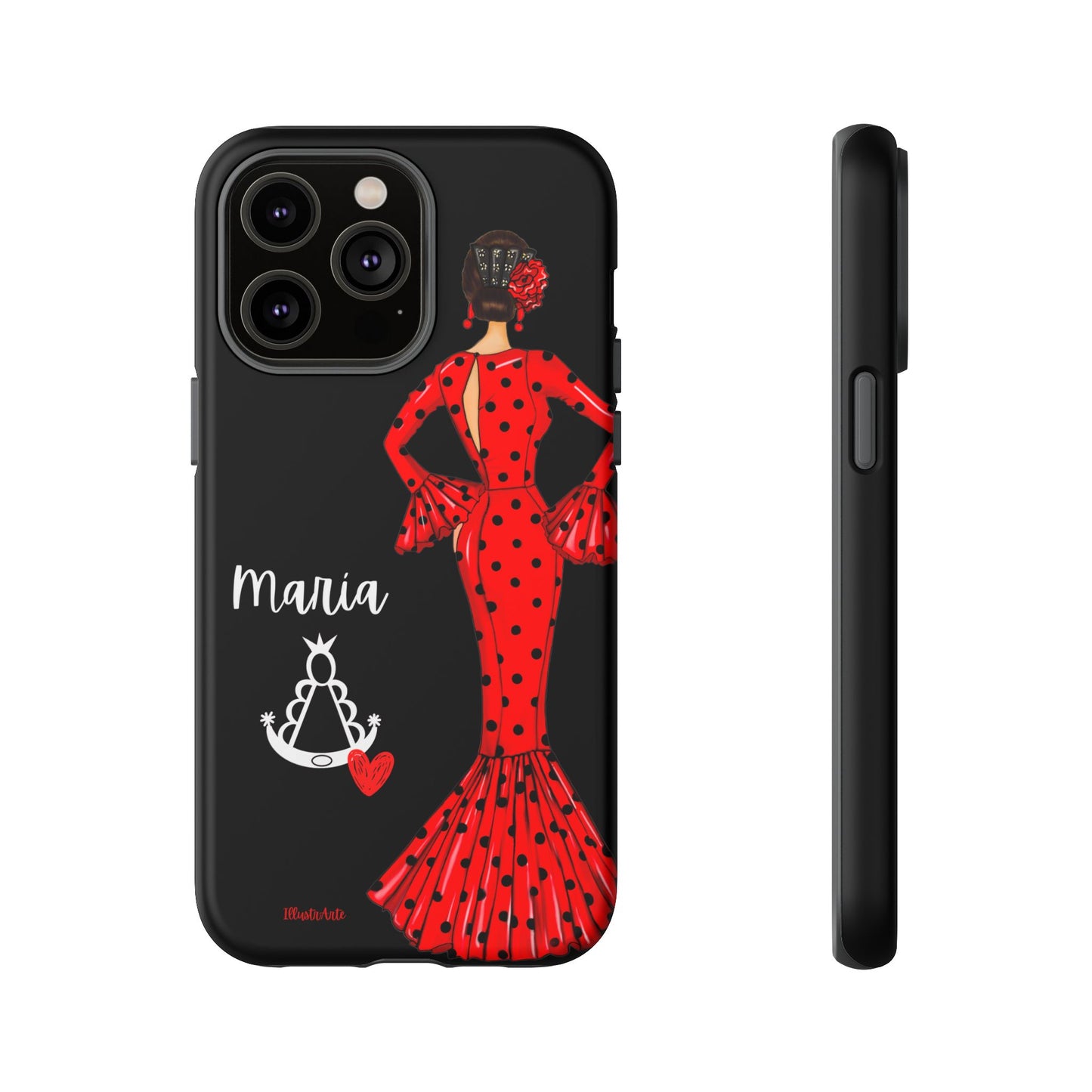 una funda de teléfono con una mujer en un vestido rojo