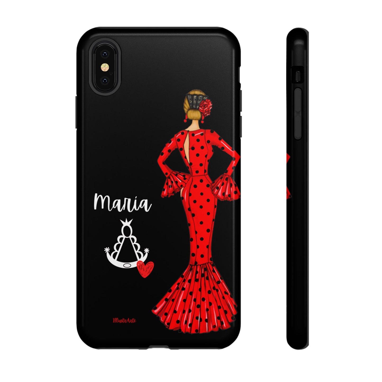 una funda de teléfono con una mujer en un vestido rojo