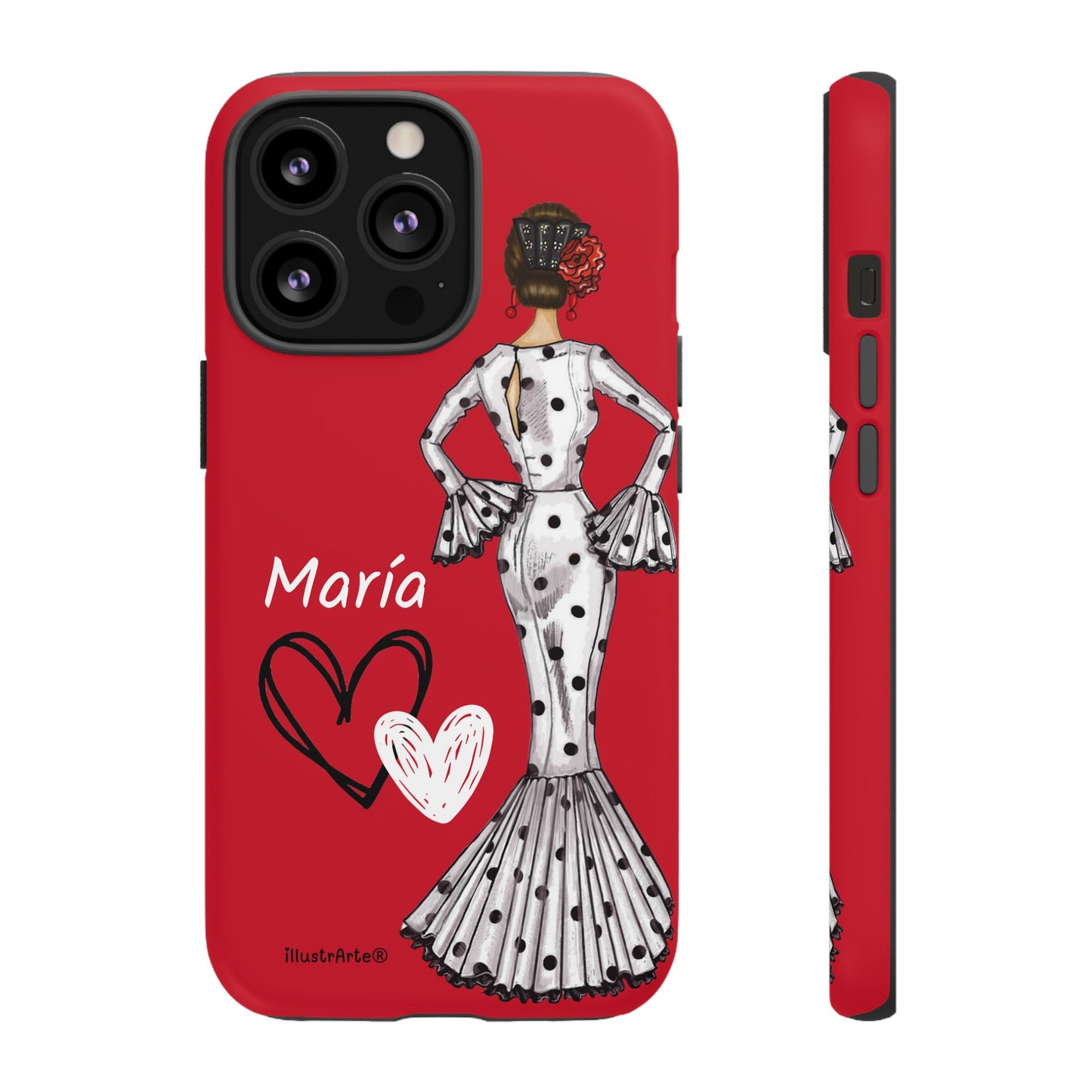 Personalized Maria phone case, white with red hearts background – for iPhone, Samsung, Pixel