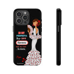 Personalised phone case flamenco dancer Pepa, white dress, with quote for iPhone 15 Pro Max, gloss finish – illustrArte