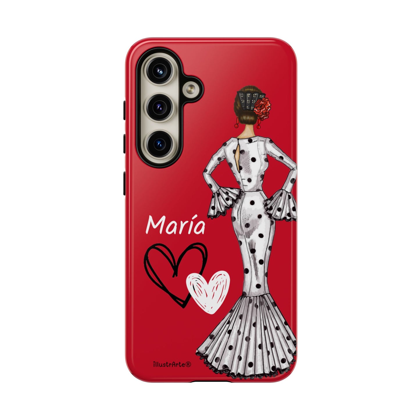 Personalized Maria phone case, white with red hearts background – for iPhone, Samsung, Pixel