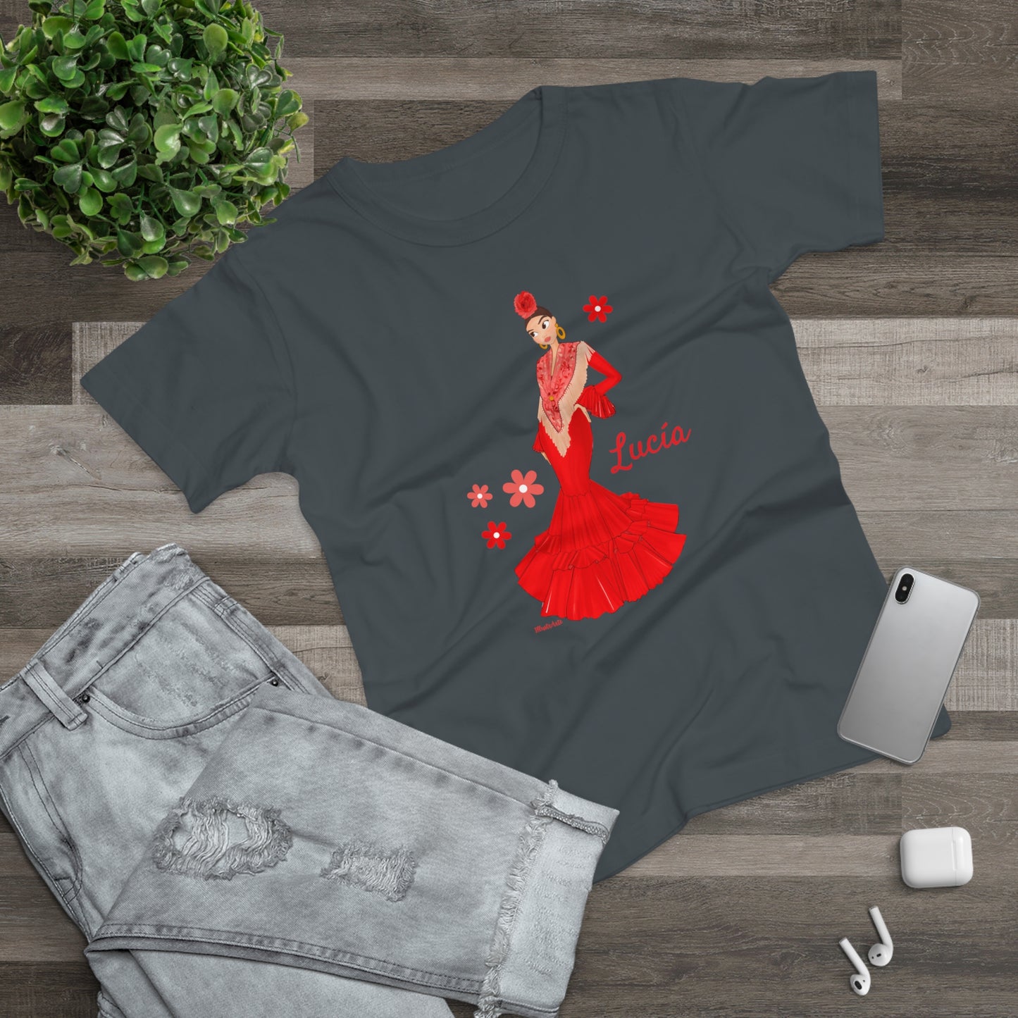 a t - shirt with a picture of a woman in a red dress