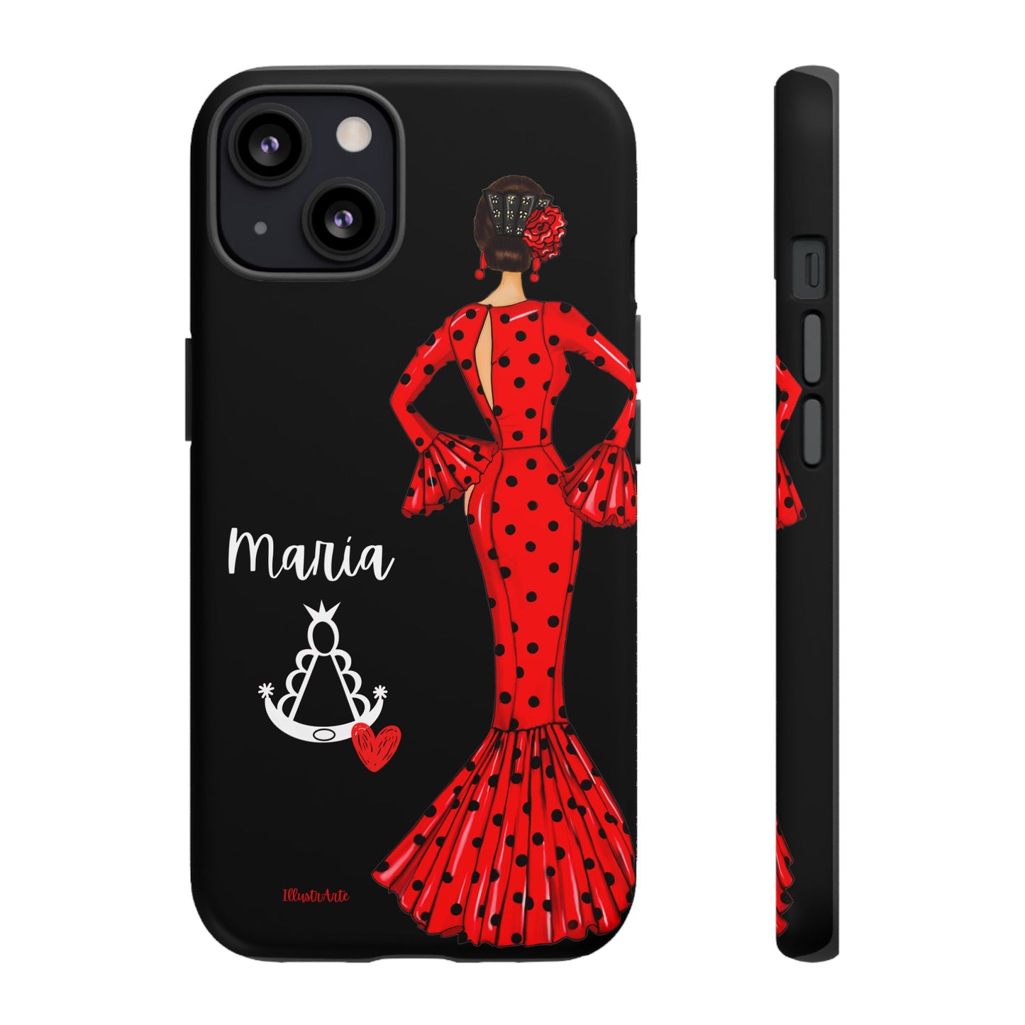 una funda de teléfono con una mujer en un vestido rojo