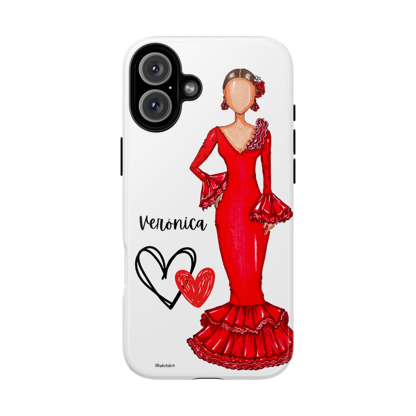 una funda de teléfono con un dibujo de una mujer en un vestido rojo