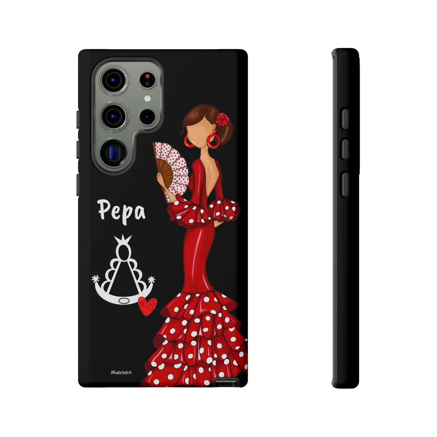 Personalized Pepa phone case on a black background with the Virgin Mary – for iPhone, Samsung, Pixel