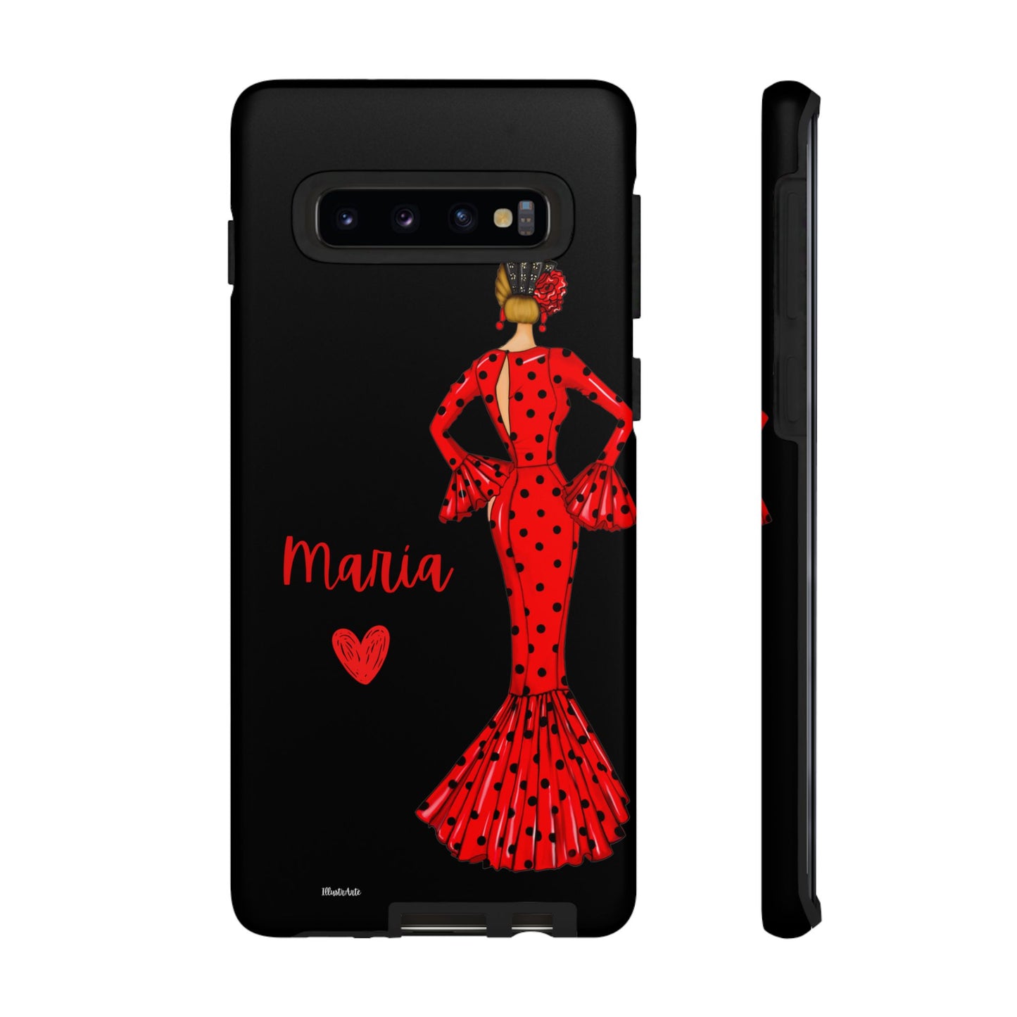 una funda de teléfono con una mujer en un vestido rojo