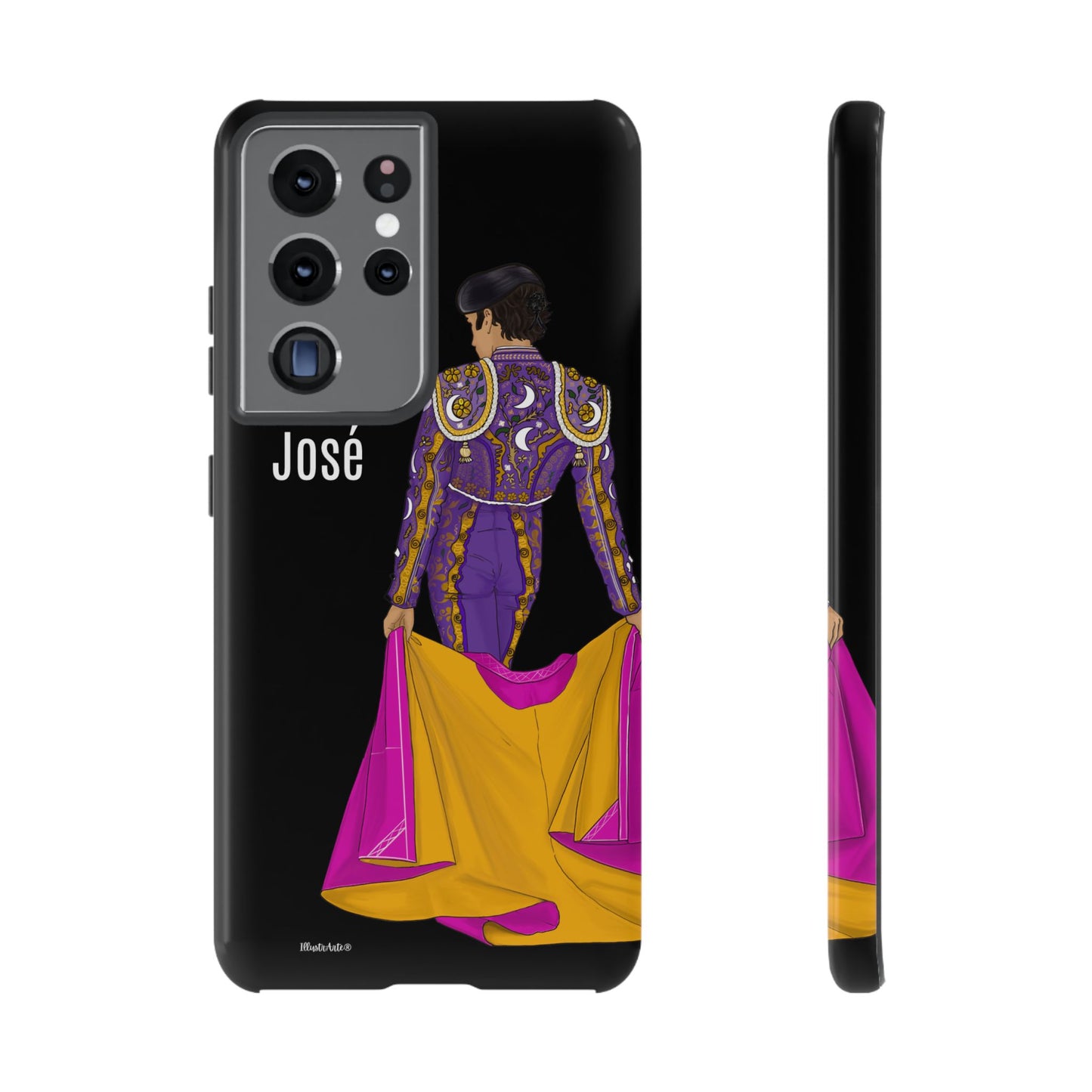 una funda de teléfono con un dibujo de una mujer en un traje morado y amarillo