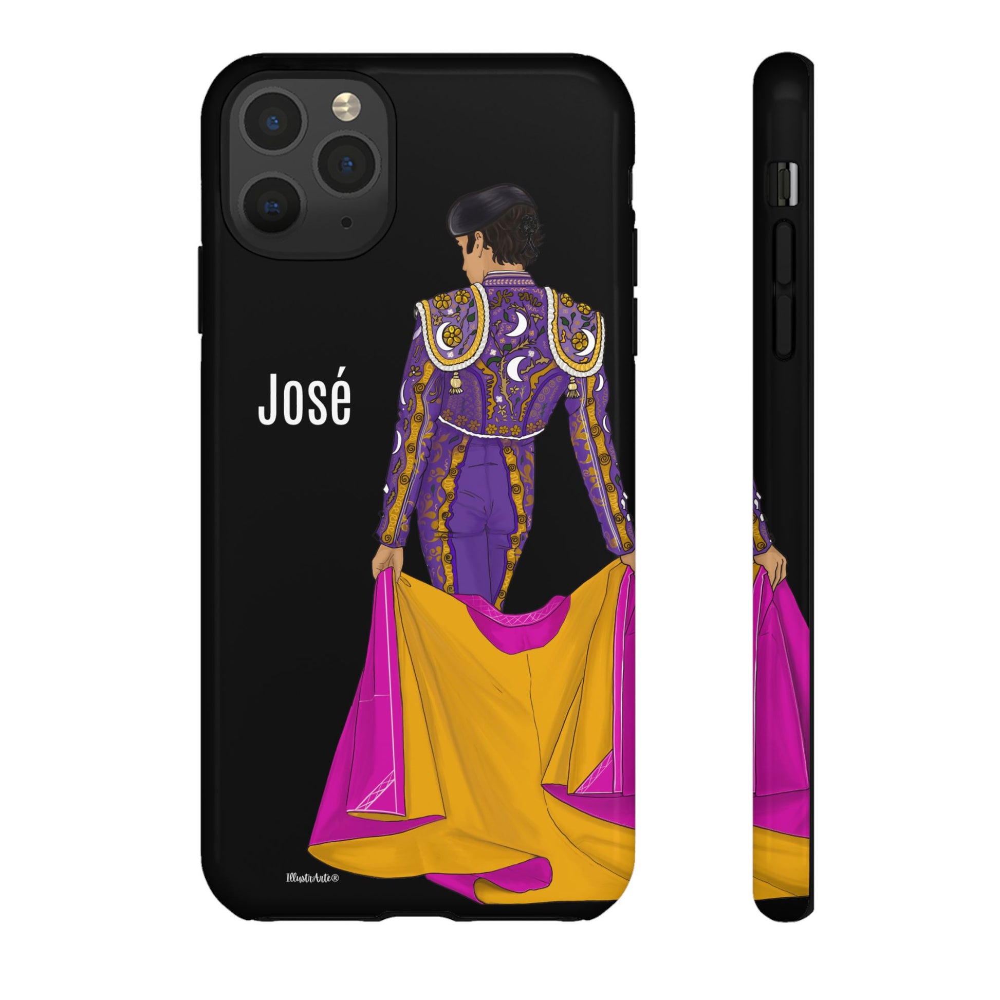 una funda de teléfono con una imagen de un hombre en un traje morado y amarillo