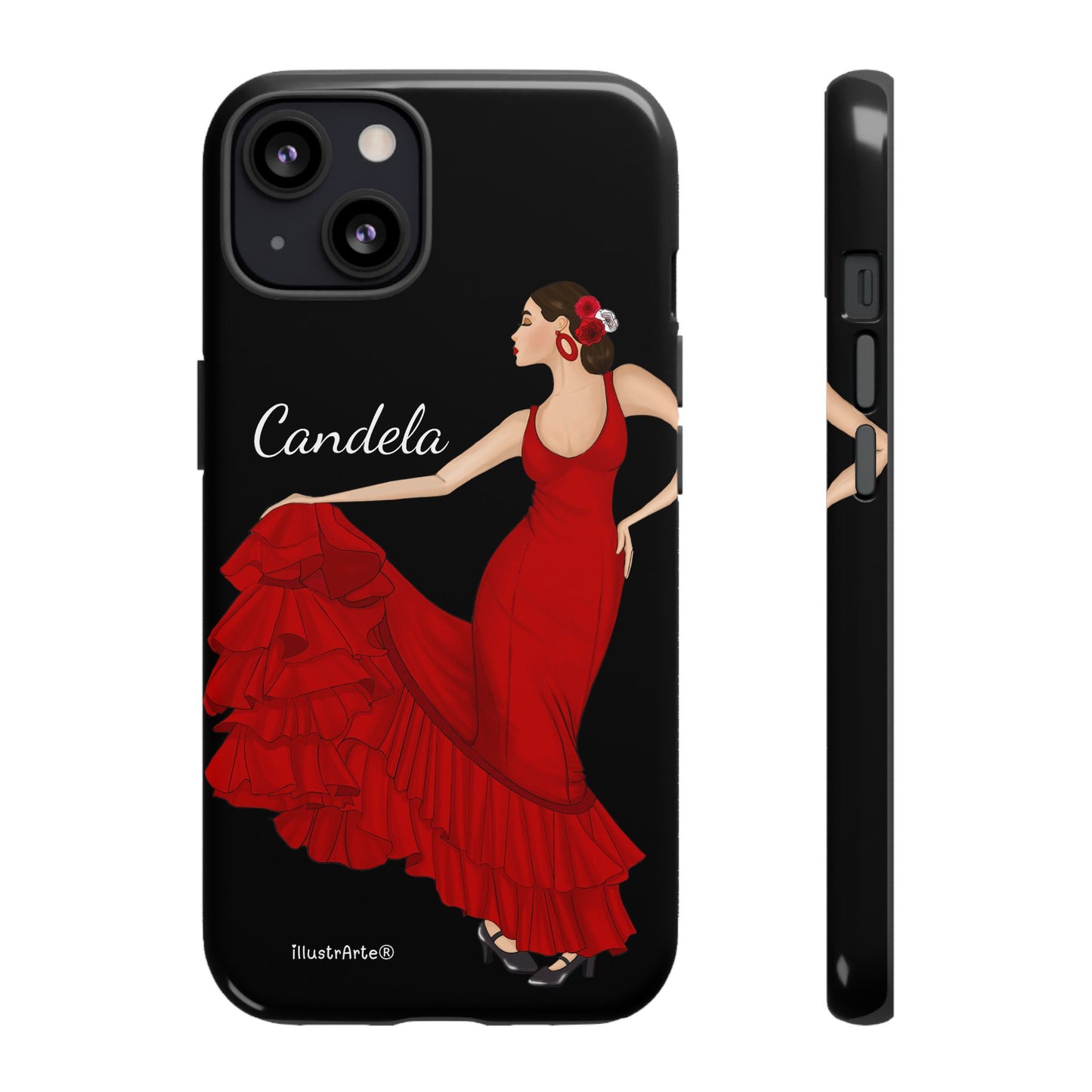 Capa de telefone personalizável. Modelo Candela com fundo preto. Para iPhone, Samsung Galaxy S e Google Pixel. 