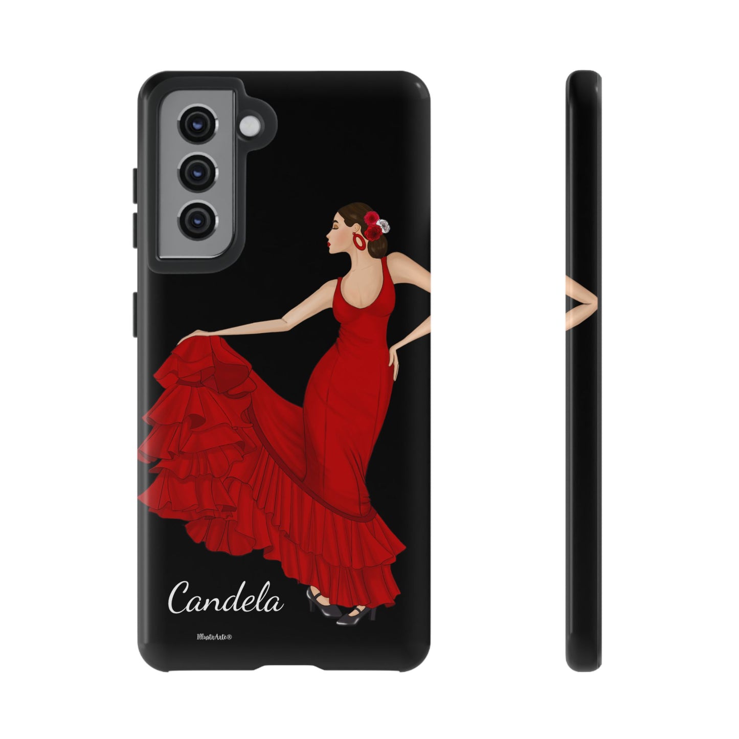 una funda de teléfono con una mujer en un vestido rojo