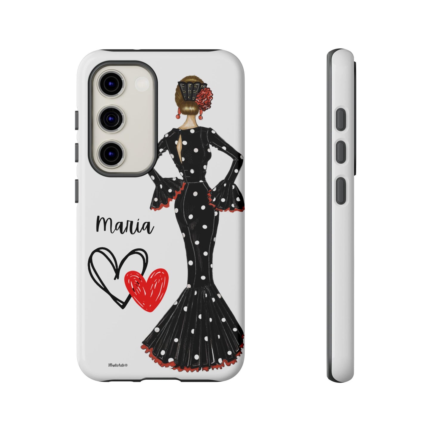 una funda para teléfono con una mujer en un vestido